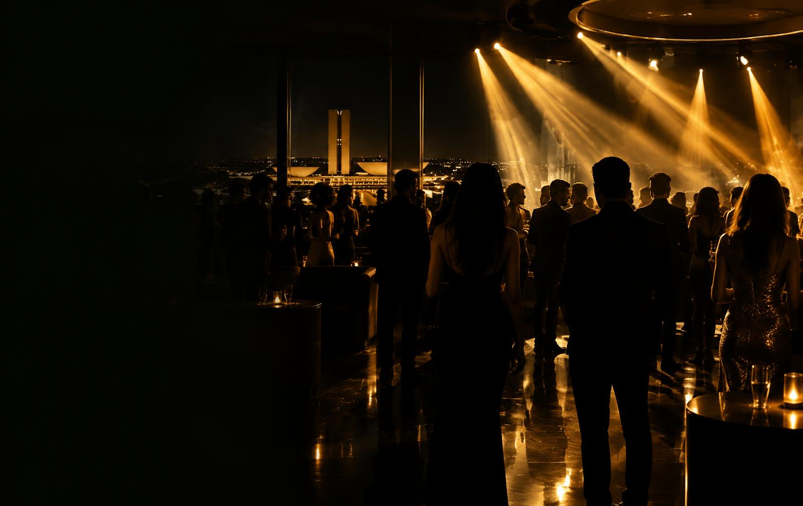 Noite em um lounge com público e iluminação dourada